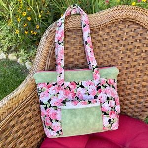 Handmade Floral Rose Tote Bag Pink Green Quilted Cottagecore Boho Carryall Purse